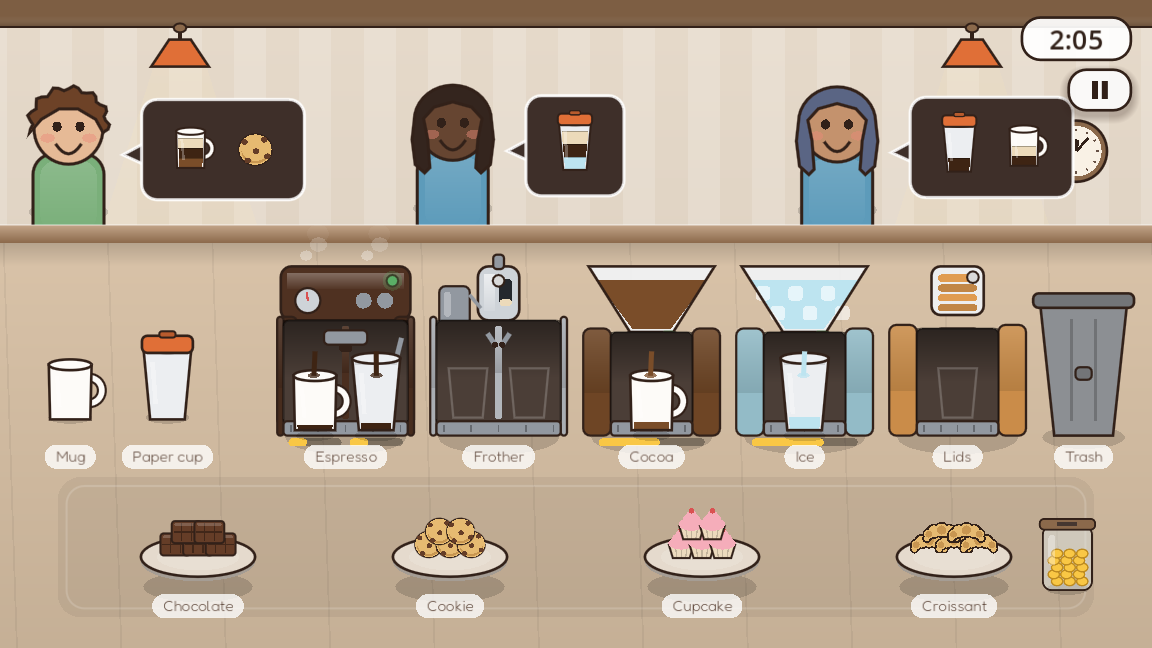 The counter: mug and paper cup stacks, four machines running at once, a display case of snacks, and three customers waiting