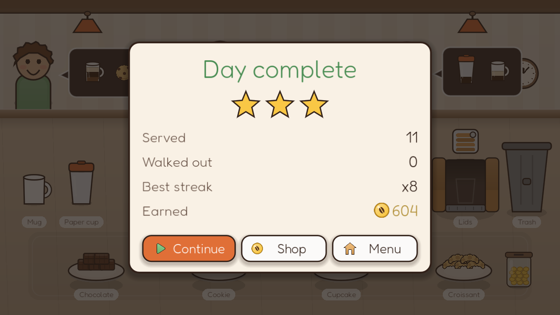 End of day screen: three stars, customers served, best streak and earnings