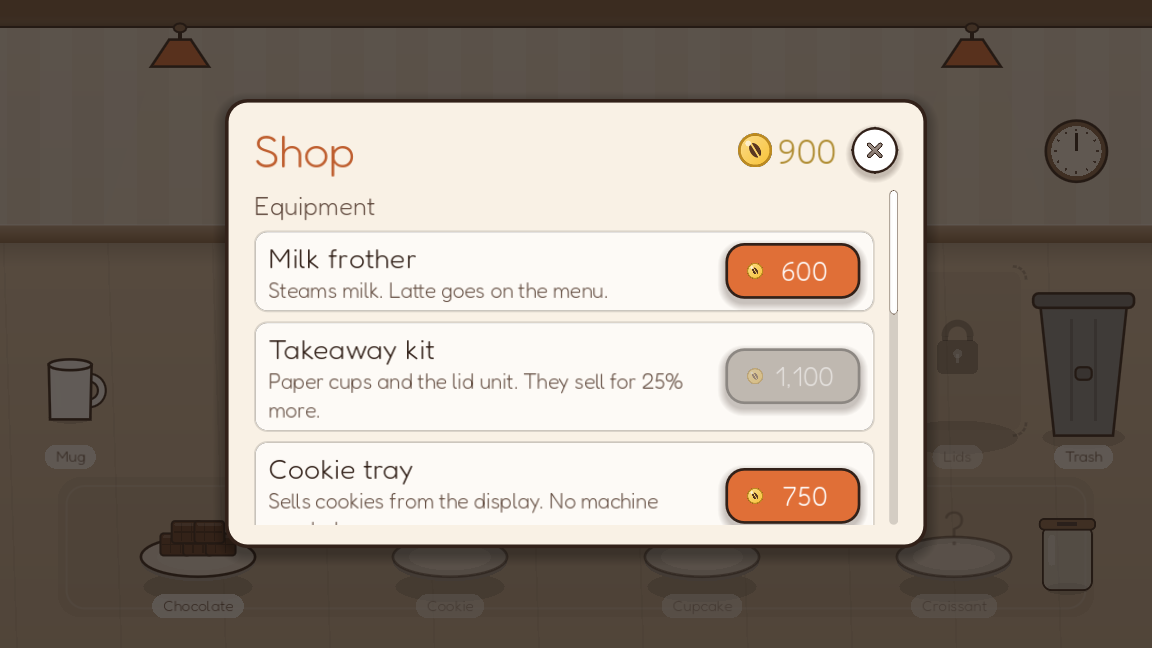 The shop screen: milk frother, takeaway kit and cookie tray with their prices